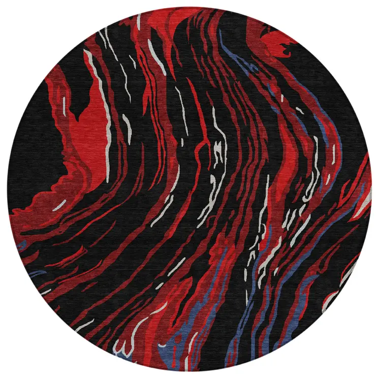 8' Black Red And Gray Round Abstract Washable Indoor Outdoor Area Rug