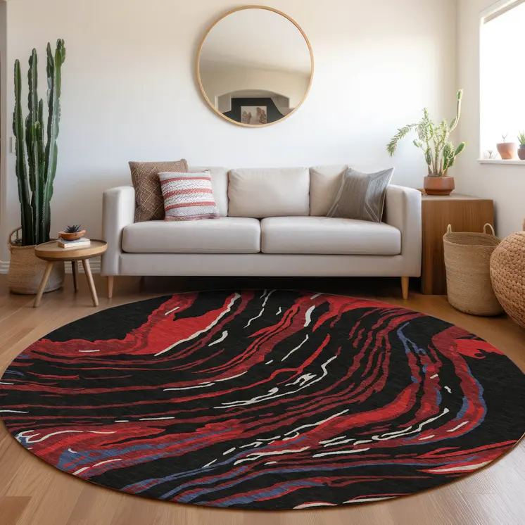 8' Black Red And Gray Round Abstract Washable Indoor Outdoor Area Rug