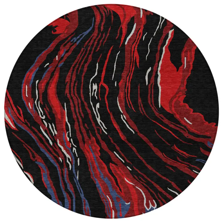 8' Black Red And Gray Round Abstract Washable Indoor Outdoor Area Rug