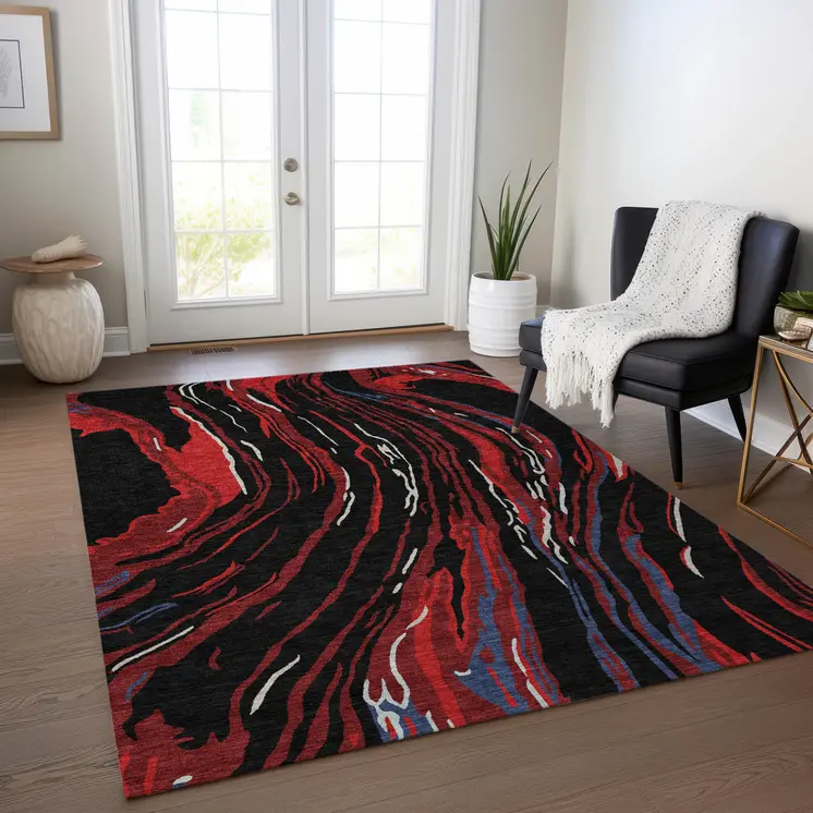 8' X 10' Black Red And Gray Abstract Washable Indoor Outdoor Area Rug