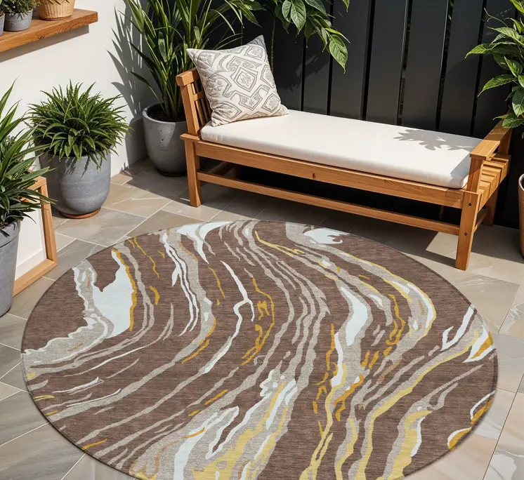 8' Brown Beige And Ivory Round Abstract Washable Indoor Outdoor Area Rug
