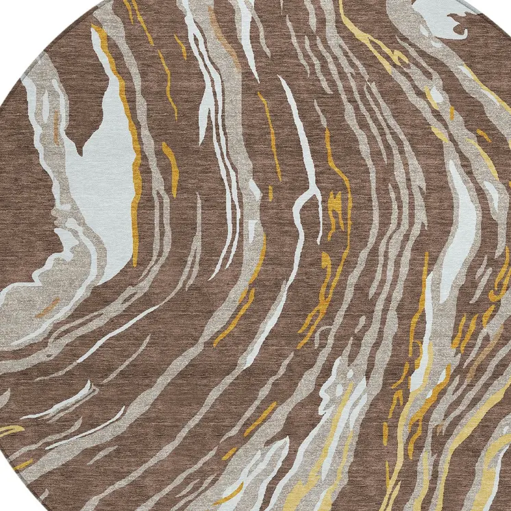 8' Brown Beige And Ivory Round Abstract Washable Indoor Outdoor Area Rug