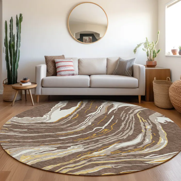 8' Brown Beige And Ivory Round Abstract Washable Indoor Outdoor Area Rug