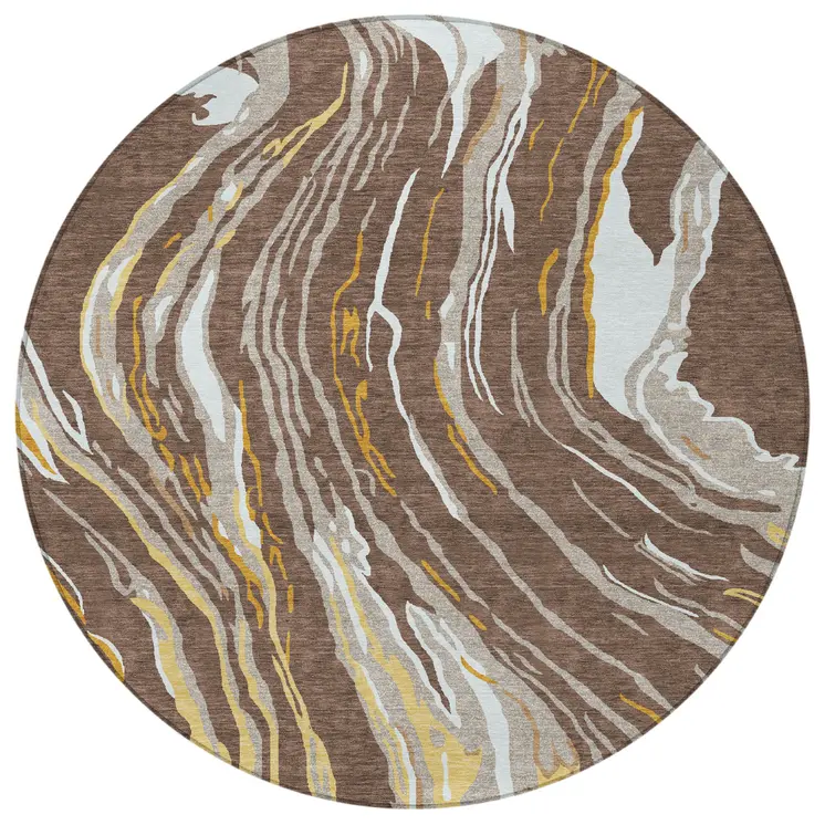 8' Brown Beige And Ivory Round Abstract Washable Indoor Outdoor Area Rug