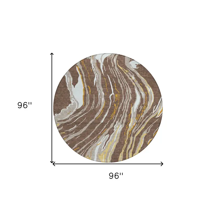 8' Brown Beige And Ivory Round Abstract Washable Indoor Outdoor Area Rug