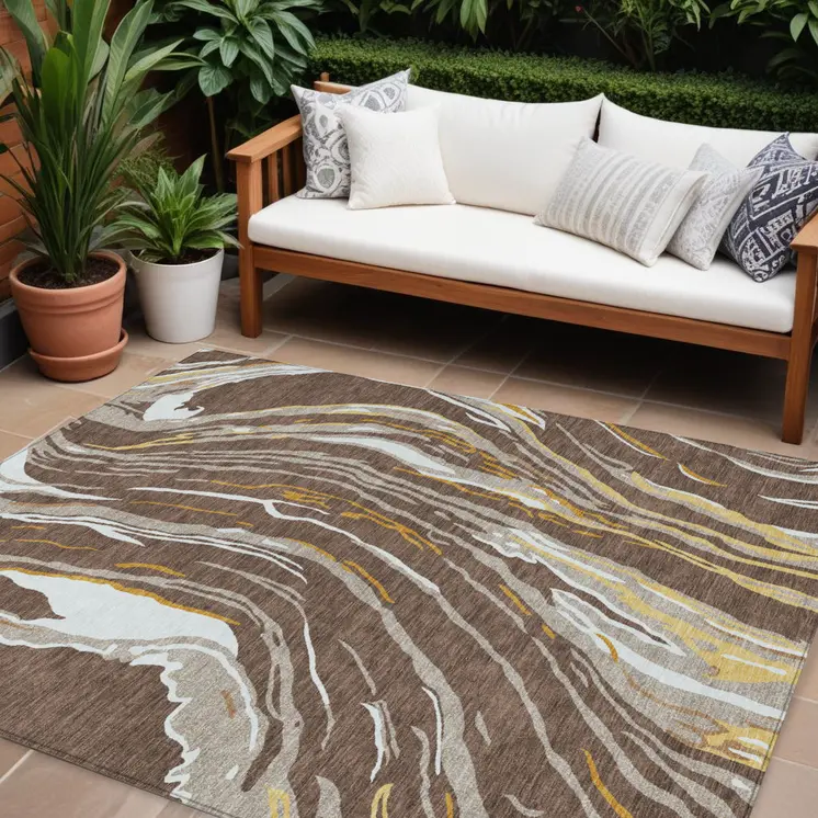 8' X 10' Brown Beige And Ivory Abstract Washable Indoor Outdoor Area Rug