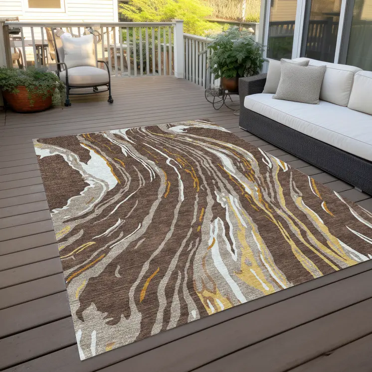 8' X 10' Brown Beige And Ivory Abstract Washable Indoor Outdoor Area Rug
