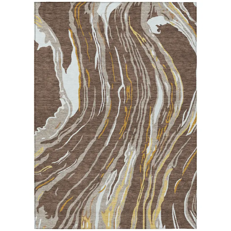 8' X 10' Brown Beige And Ivory Abstract Washable Indoor Outdoor Area Rug