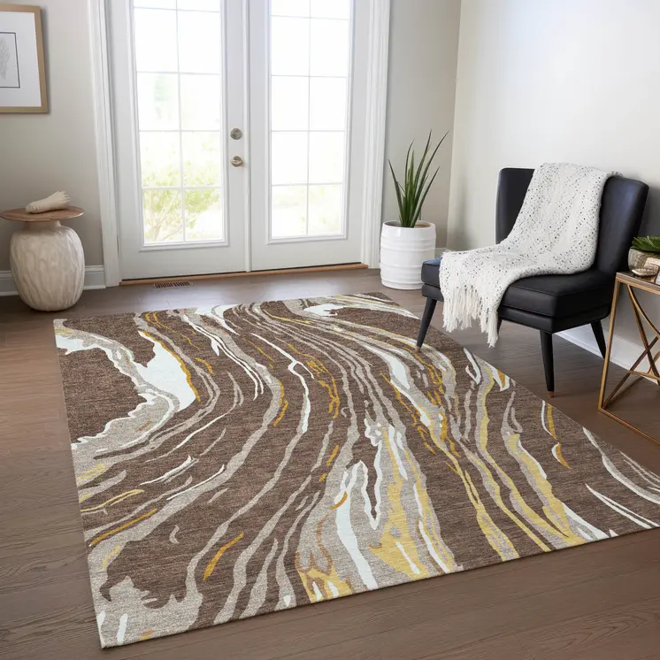 8' X 10' Brown Beige And Ivory Abstract Washable Indoor Outdoor Area Rug