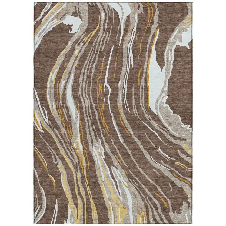 9' X 12' Brown Beige And Ivory Abstract Washable Indoor Outdoor Area Rug
