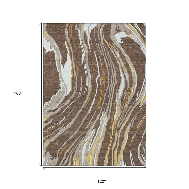10' X 14' Brown Beige And Ivory Abstract Washable Indoor Outdoor Area Rug