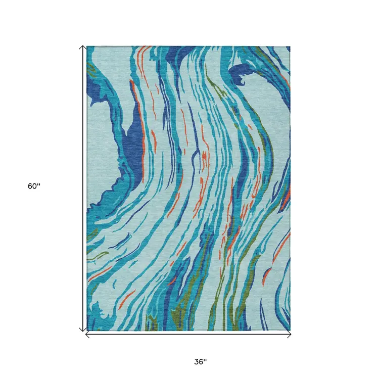 3' X 5' Blue Pink And Green Abstract Washable Indoor Outdoor Area Rug