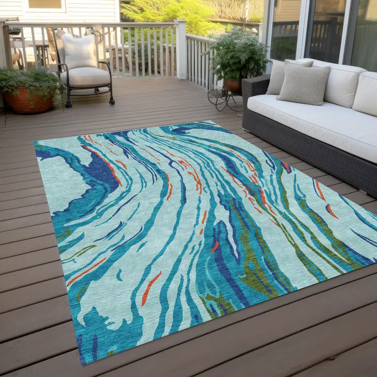 3' X 5' Blue Pink And Green Abstract Washable Indoor Outdoor Area Rug
