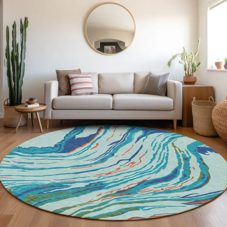 8' Blue Pink And Green Round Abstract Washable Indoor Outdoor Area Rug