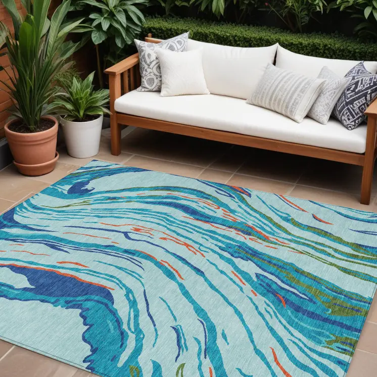 8' X 10' Blue Pink And Green Abstract Washable Indoor Outdoor Area Rug