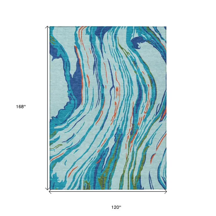 10' X 14' Blue Pink And Green Abstract Washable Indoor Outdoor Area Rug