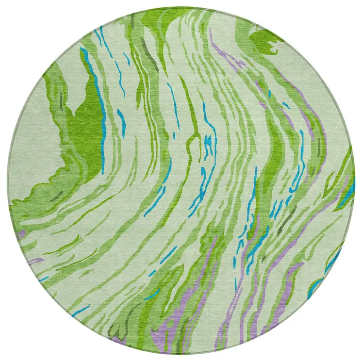 8' Green Teal Blue And Purple Round Abstract Washable Indoor Outdoor Area Rug