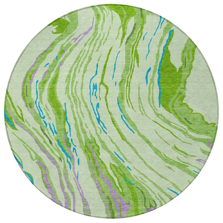 8' Green Teal Blue And Purple Round Abstract Washable Indoor Outdoor Area Rug