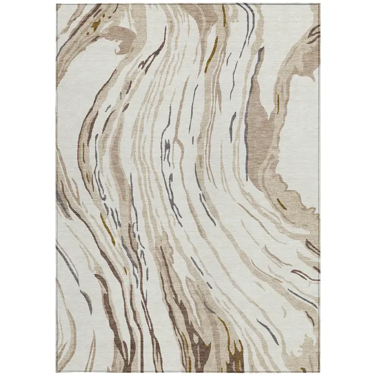 3' X 5' Ivory Beige And Brown Abstract Washable Indoor Outdoor Area Rug