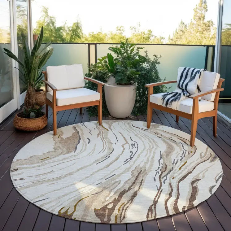 8' Ivory Beige And Brown Round Abstract Washable Indoor Outdoor Area Rug