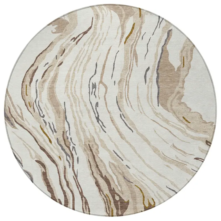 8' Ivory Beige And Brown Round Abstract Washable Indoor Outdoor Area Rug