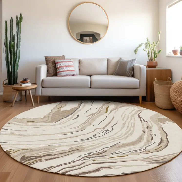 8' Ivory Beige And Brown Round Abstract Washable Indoor Outdoor Area Rug