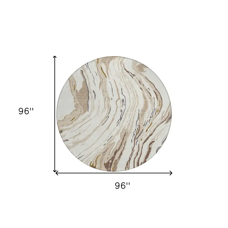 8' Ivory Beige And Brown Round Abstract Washable Indoor Outdoor Area Rug