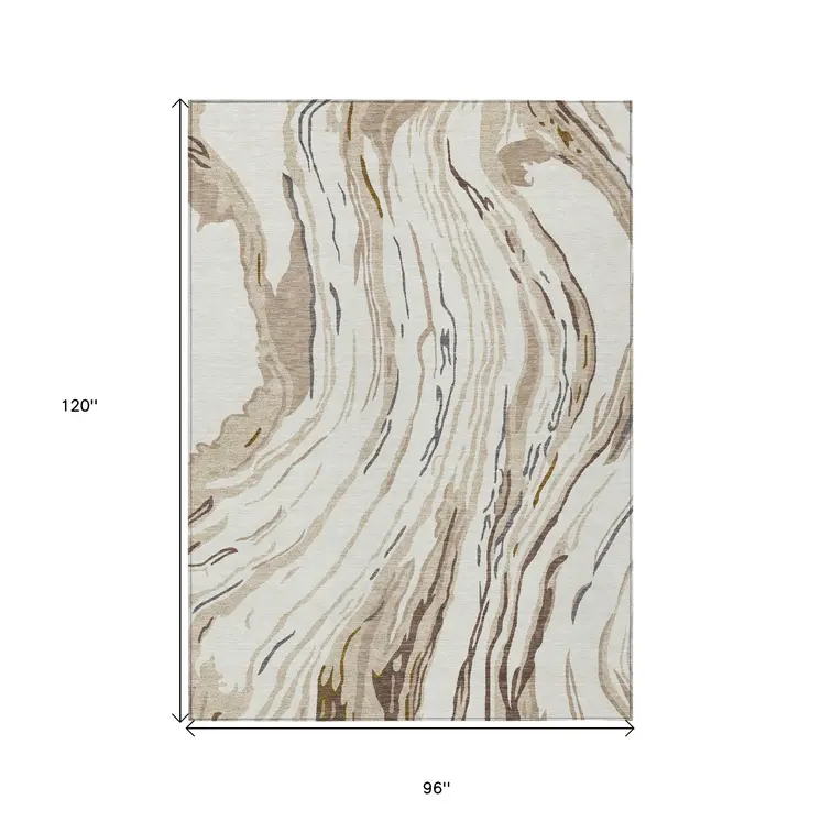 8' X 10' Ivory Beige And Brown Abstract Washable Indoor Outdoor Area Rug
