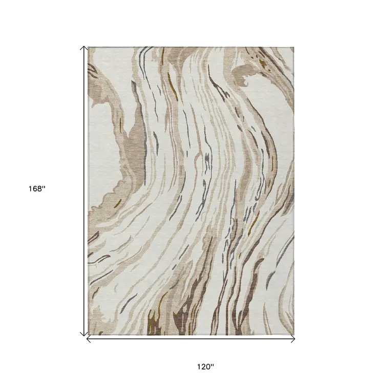 10' X 14' Ivory Beige And Brown Abstract Washable Indoor Outdoor Area Rug