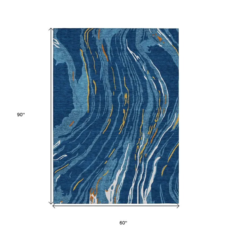 5' X 8' Navy Blue Gold And Copper Abstract Washable Indoor Outdoor Area Rug