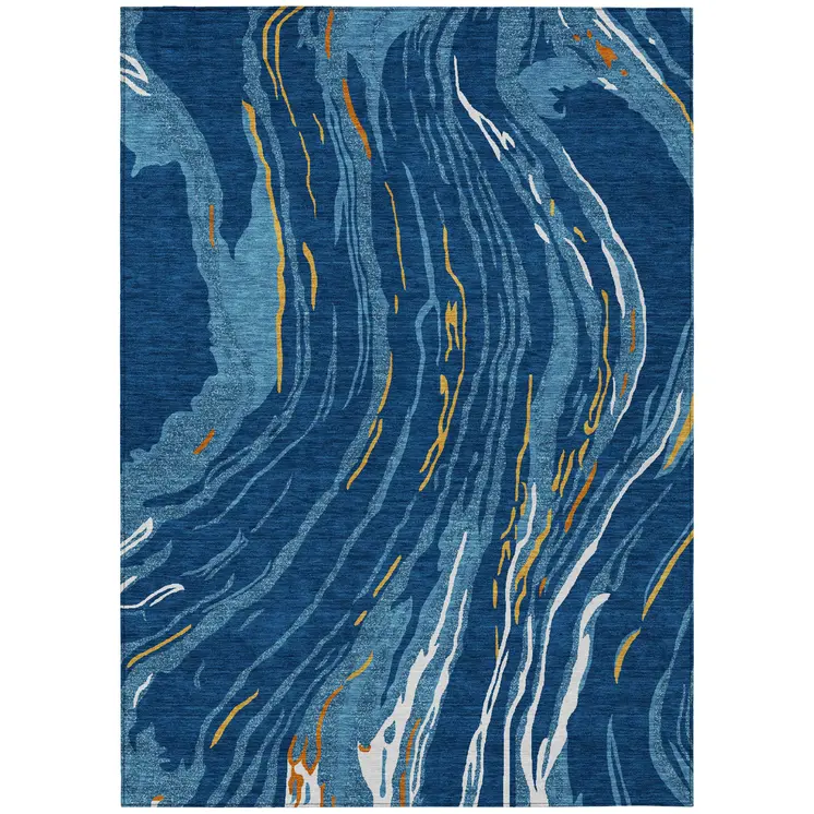 5' X 8' Navy Blue Gold And Copper Abstract Washable Indoor Outdoor Area Rug