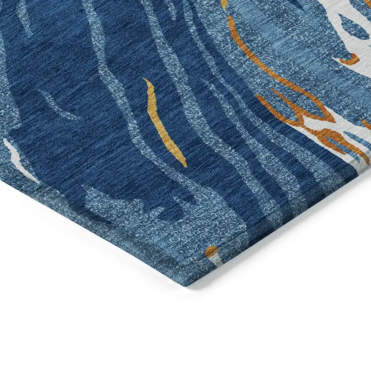 5' X 8' Navy Blue Gold And Copper Abstract Washable Indoor Outdoor Area Rug