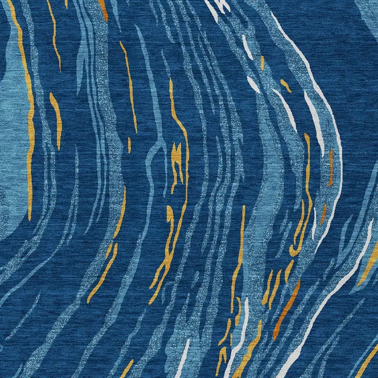 5' X 8' Navy Blue Gold And Copper Abstract Washable Indoor Outdoor Area Rug