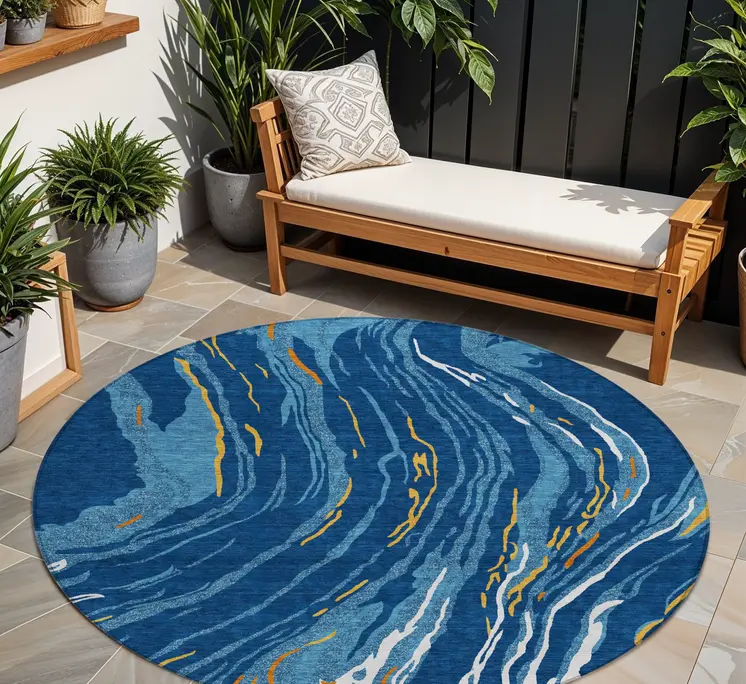 8' Navy Blue Gold And Copper Round Abstract Washable Indoor Outdoor Area Rug