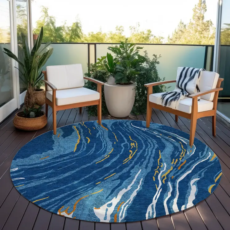 8' Navy Blue Gold And Copper Round Abstract Washable Indoor Outdoor Area Rug