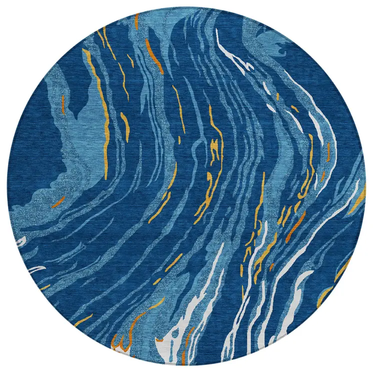 8' Navy Blue Gold And Copper Round Abstract Washable Indoor Outdoor Area Rug