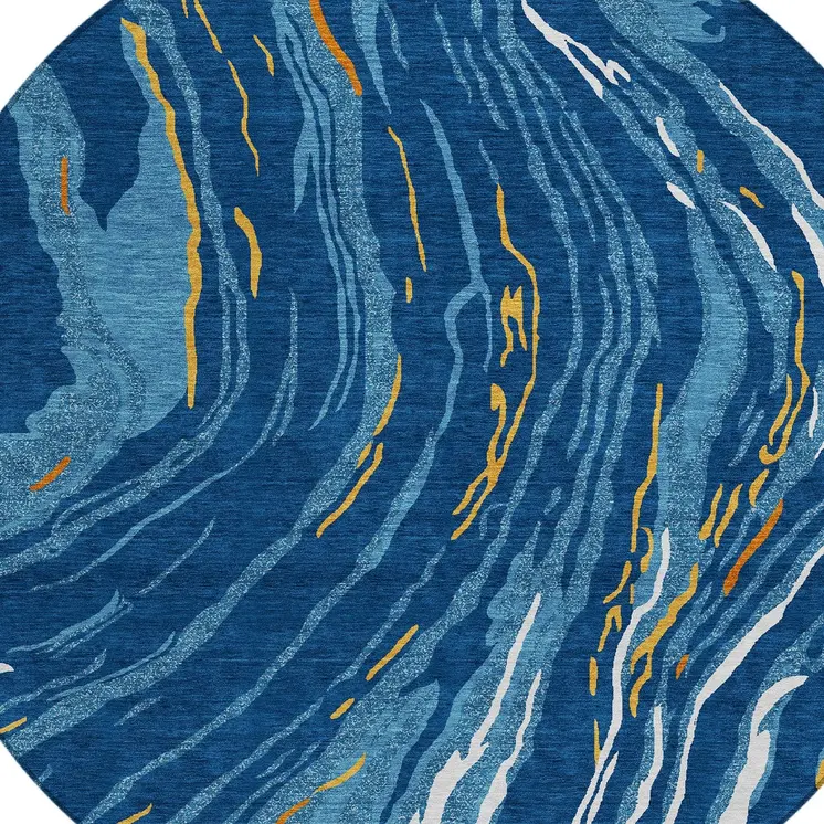 8' Navy Blue Gold And Copper Round Abstract Washable Indoor Outdoor Area Rug