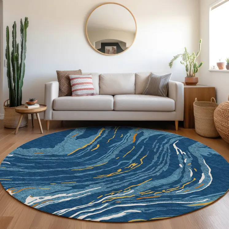 8' Navy Blue Gold And Copper Round Abstract Washable Indoor Outdoor Area Rug
