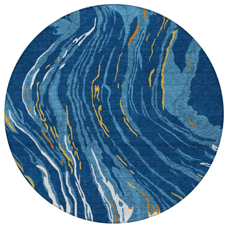 8' Navy Blue Gold And Copper Round Abstract Washable Indoor Outdoor Area Rug