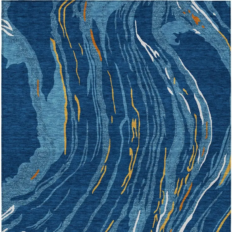 9' X 12' Navy Blue Gold And Copper Abstract Washable Indoor Outdoor Area Rug