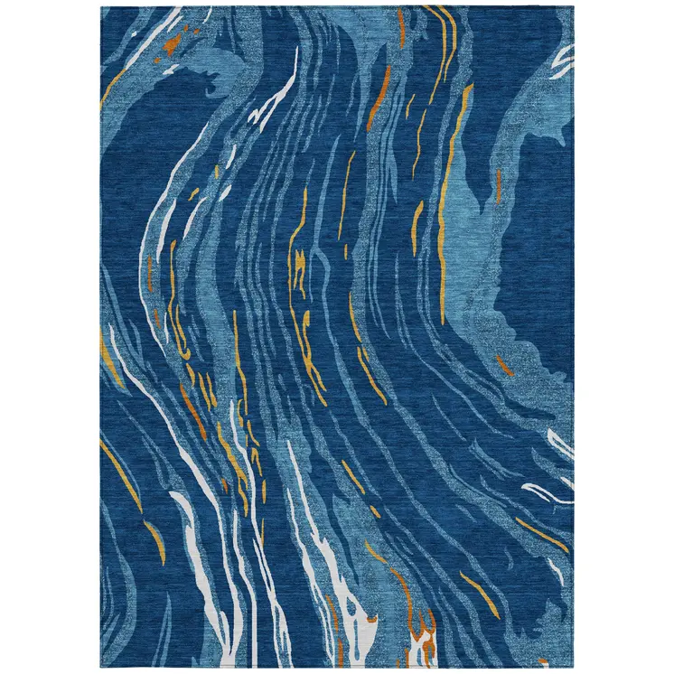 10' X 14' Navy Blue Gold And Copper Abstract Washable Indoor Outdoor Area Rug