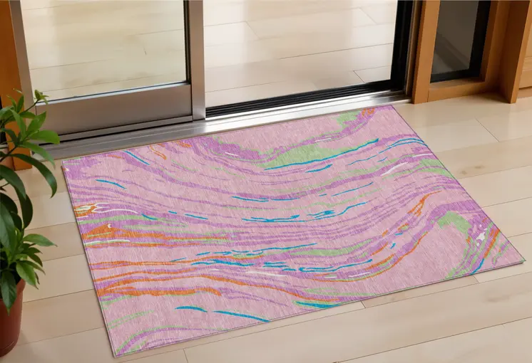 3' X 5' Pink Green And Teal Blue Abstract Washable Indoor Outdoor Area Rug