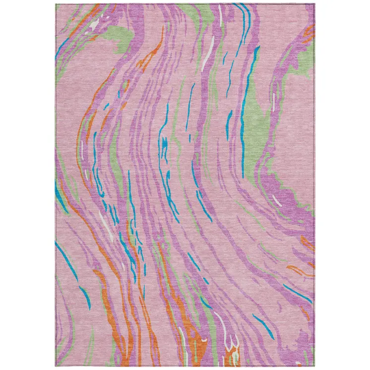 3' X 5' Pink Green And Teal Blue Abstract Washable Indoor Outdoor Area Rug