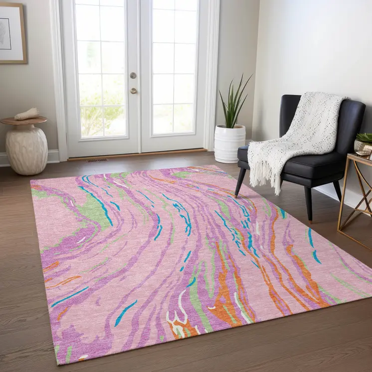 3' X 5' Pink Green And Teal Blue Abstract Washable Indoor Outdoor Area Rug