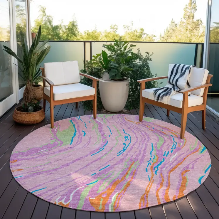 8' Pink Green And Teal Blue Round Abstract Washable Indoor Outdoor Area Rug