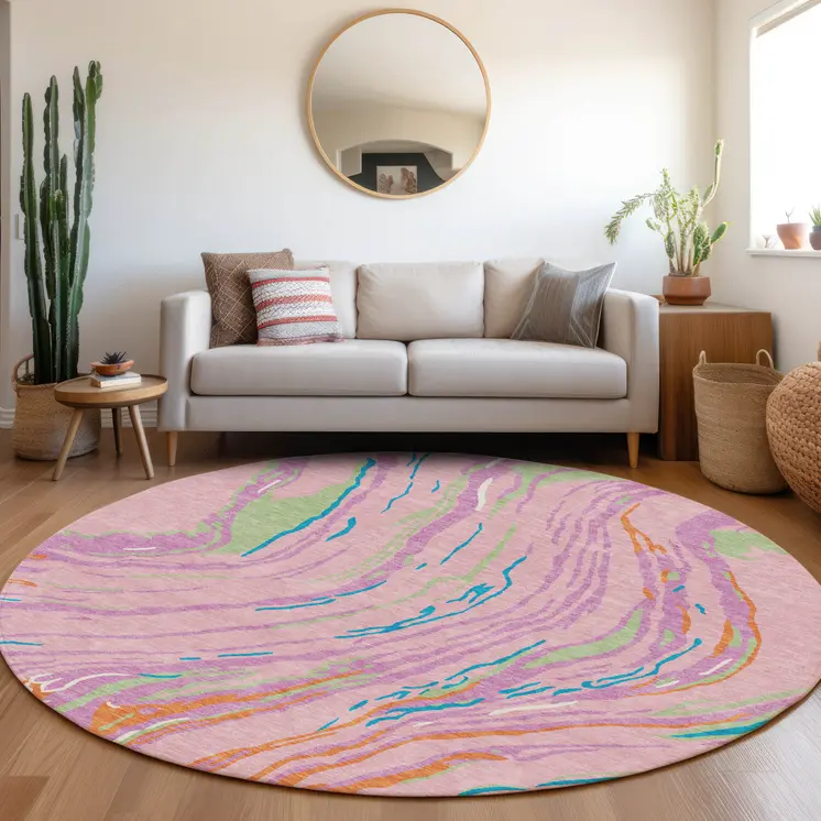 8' Pink Green And Teal Blue Round Abstract Washable Indoor Outdoor Area Rug