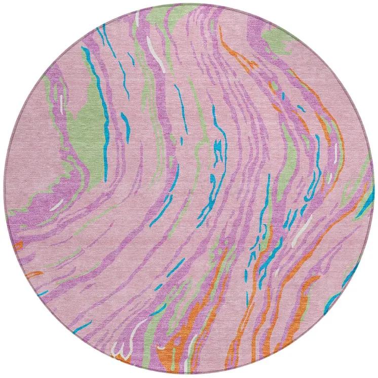 8' Pink Green And Teal Blue Round Abstract Washable Indoor Outdoor Area Rug