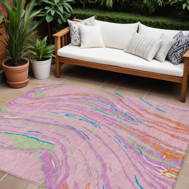 10' X 14' Pink Green And Teal Blue Abstract Washable Indoor Outdoor Area Rug