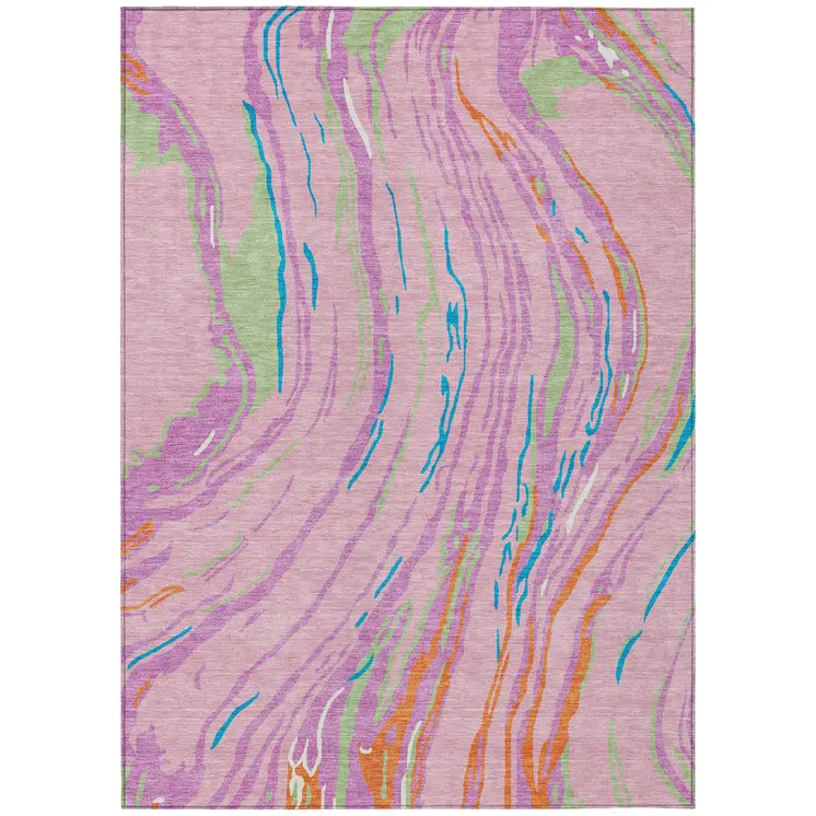 10' X 14' Pink Green And Teal Blue Abstract Washable Indoor Outdoor Area Rug