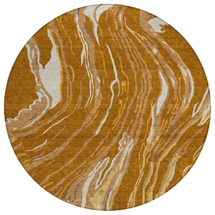 8' Brown Gold And Copper Round Abstract Washable Indoor Outdoor Area Rug